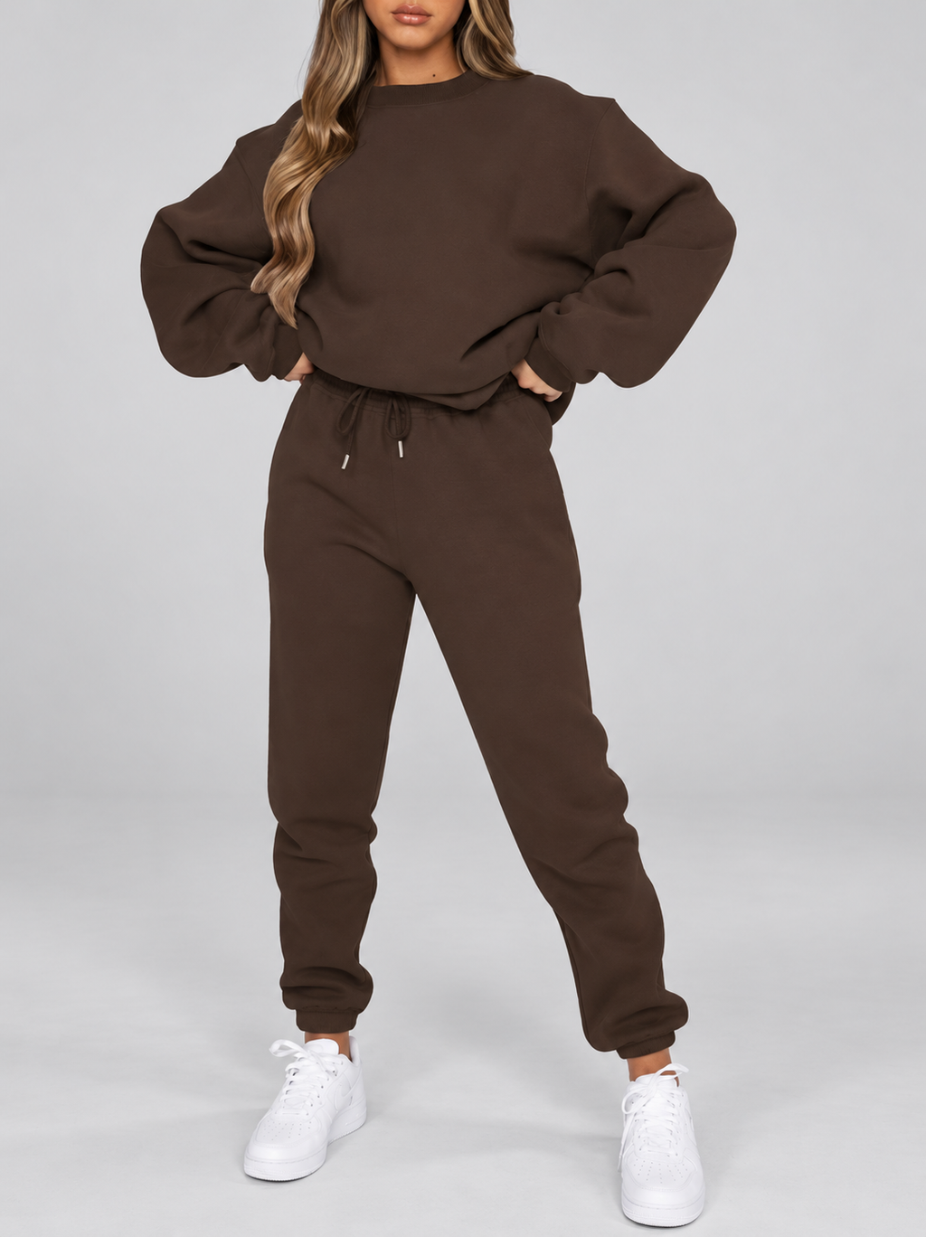 Women's Sweatshirt and Joggers Co-Ord Set with Crew Neck and Drawstring Waist in Coffee – Front View