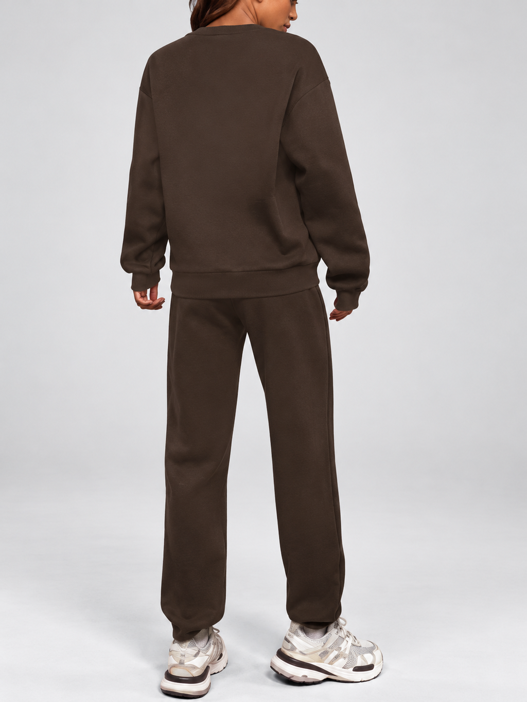 Women's Sweatshirt and Joggers Co-Ord Set with Crew Neck and Drawstring Waist in Coffee – Back View