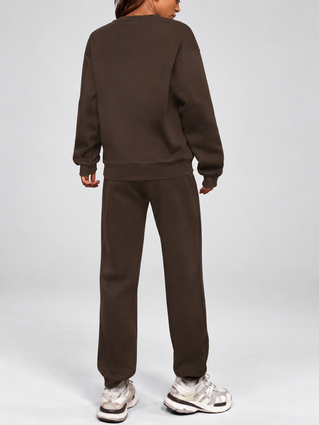 Women's Sweatshirt and Joggers Co-Ord Set with Crew Neck and Drawstring Waist in Coffee – Back View