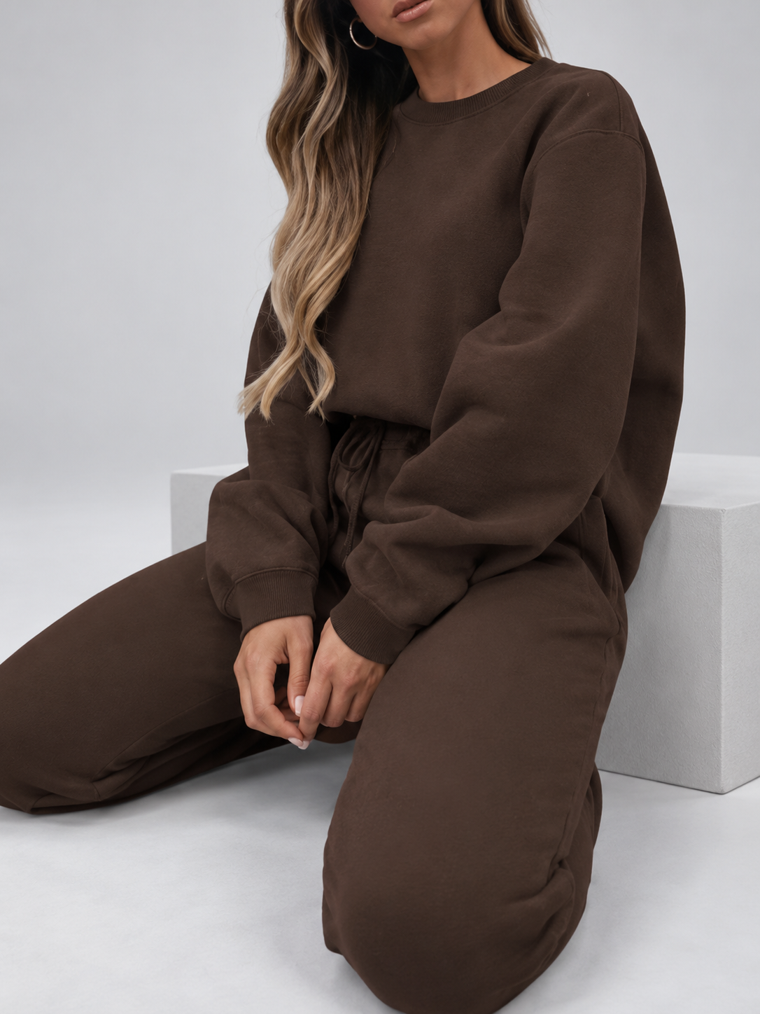 Women's Sweatshirt and Joggers Co-Ord Set with Crew Neck and Drawstring Waist in Coffee – Seated View