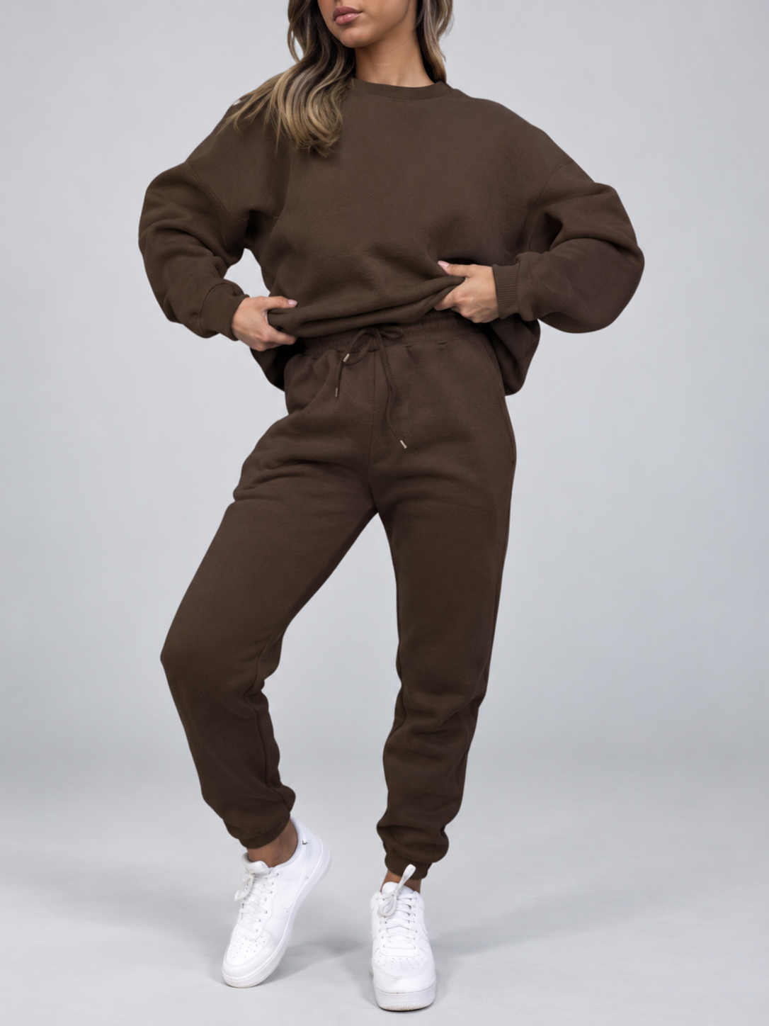Women's Sweatshirt and Joggers Co-Ord Set with Crew Neck and Drawstring Waist in Coffee – Waist Detail
