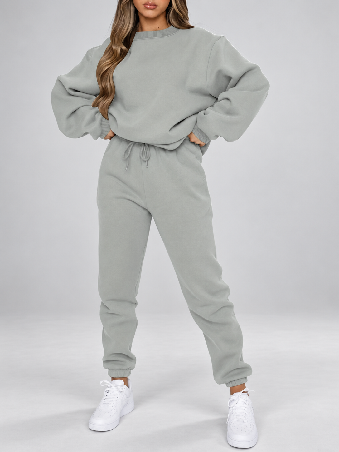 Women's Sweatshirt and Joggers Co-Ord Set with Crew Neck and Drawstring Waist in Grey – Front View
