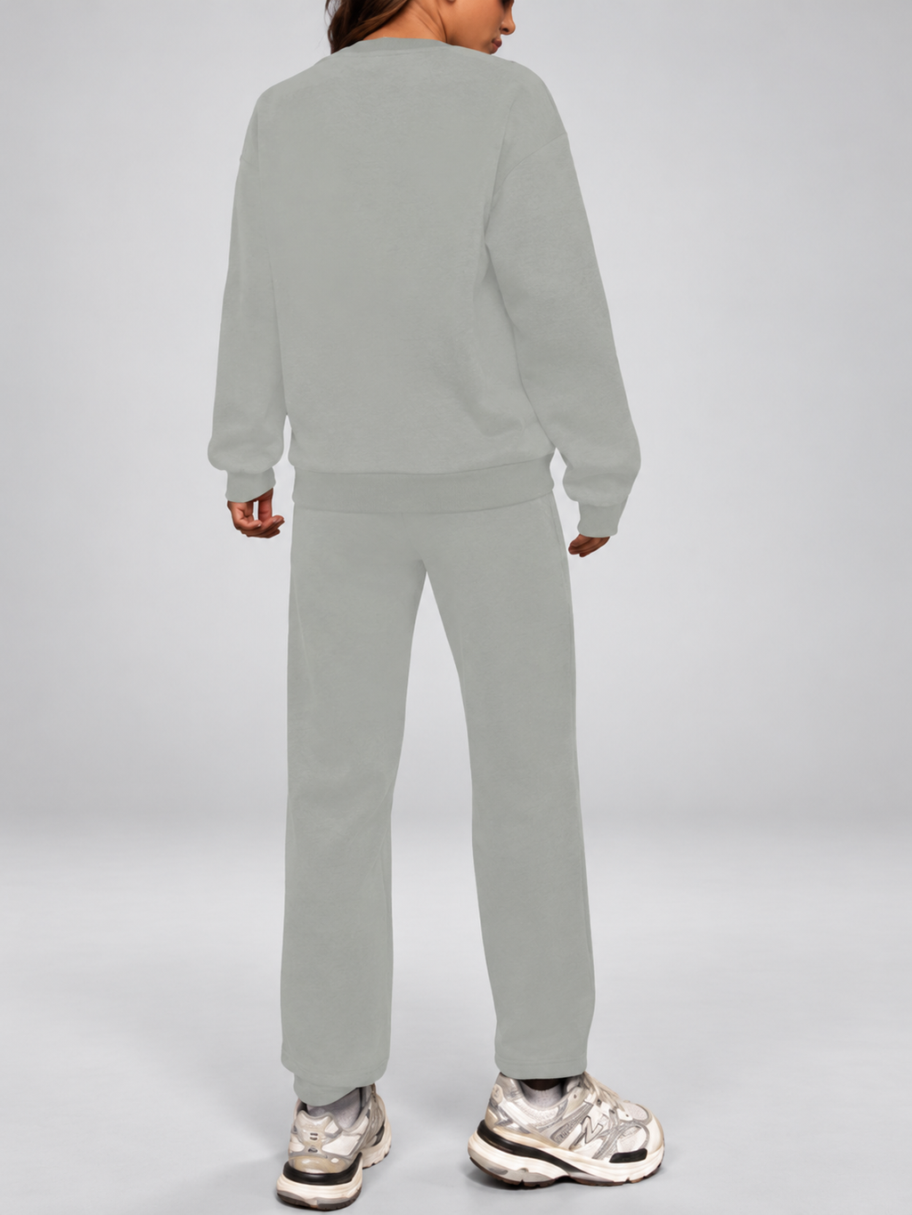 Women's Sweatshirt and Joggers Co-Ord Set with Crew Neck and Drawstring Waist in Grey – Back View