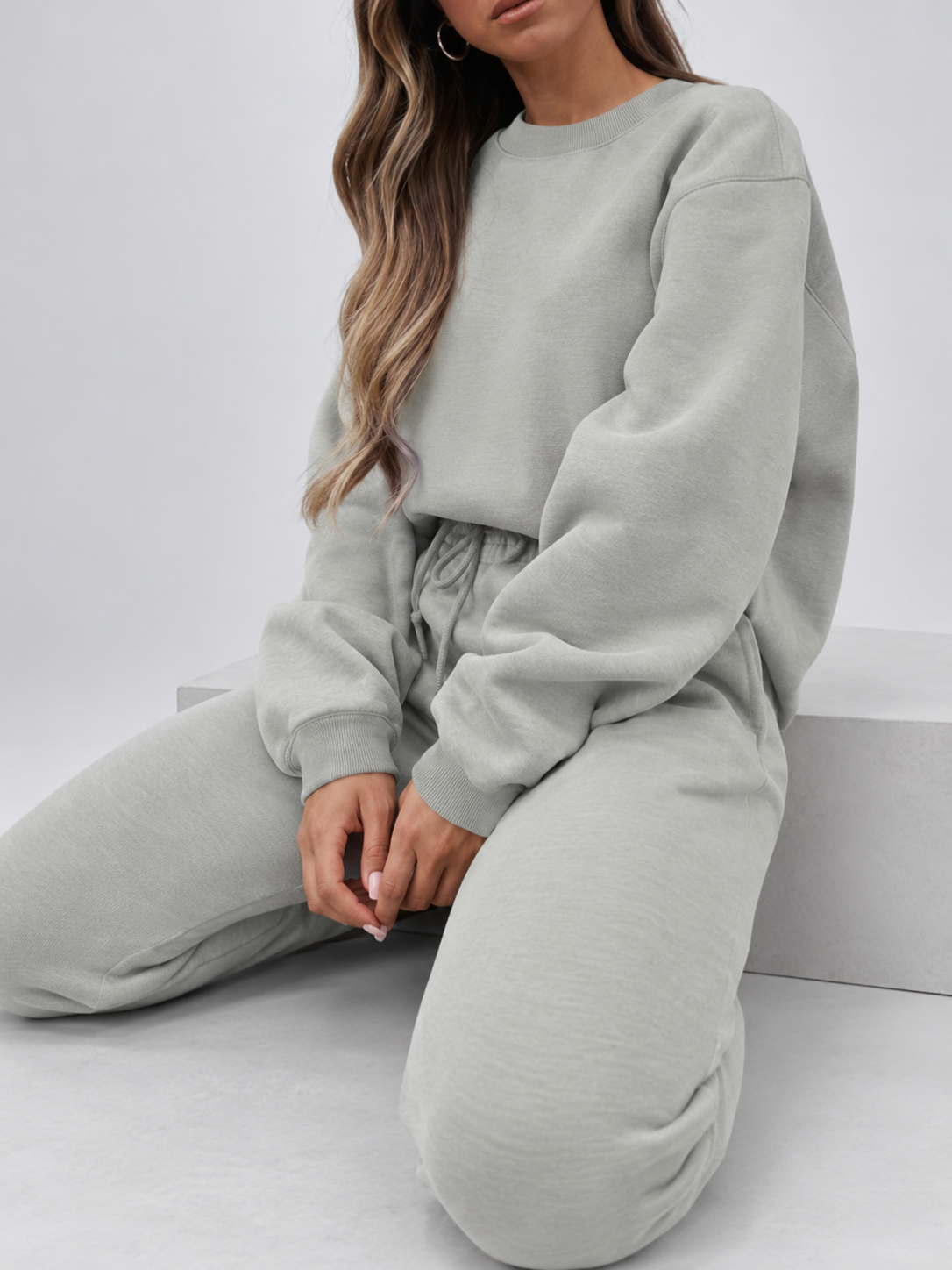 Women's Sweatshirt and Joggers Co-Ord Set with Crew Neck and Drawstring Waist in Grey – Seated View