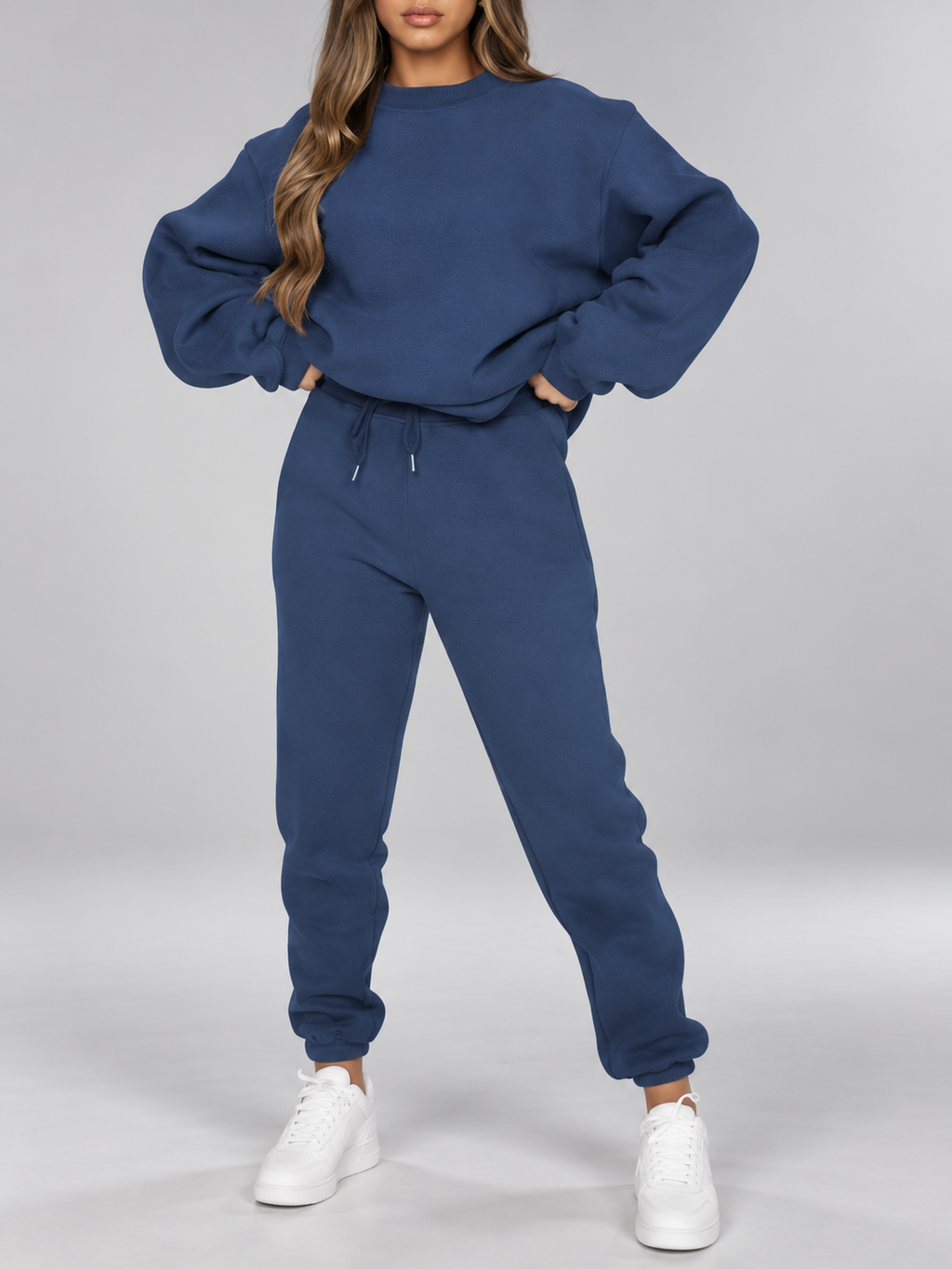 Women's Sweatshirt and Joggers Co-Ord Set with Crew Neck and Drawstring Waist in Navy – Front View