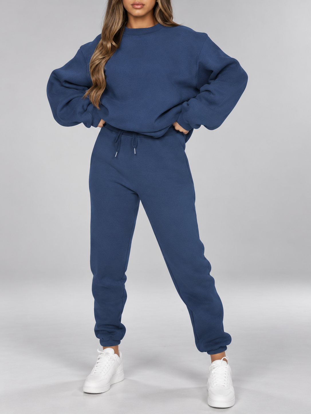 Women's Sweatshirt and Joggers Co-Ord Set with Crew Neck and Drawstring Waist in Navy – Front View