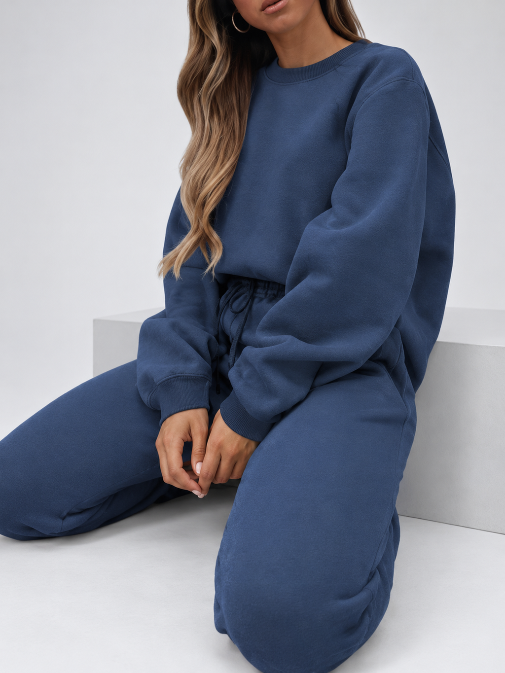 Women's Sweatshirt and Joggers Co-Ord Set with Crew Neck and Drawstring Waist in Navy – Seated View