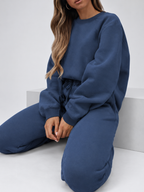 Women's Sweatshirt and Joggers Co-Ord Set with Crew Neck and Drawstring Waist in Navy – Seated View