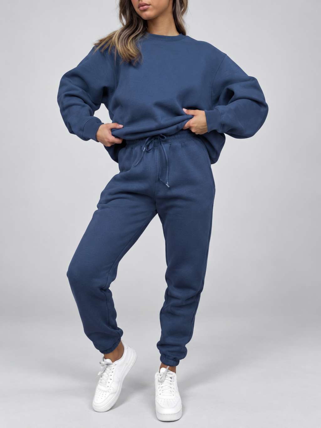 Women's Sweatshirt and Joggers Co-Ord Set with Crew Neck and Drawstring Waist in Navy – Waist Detail
