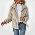 Women's Ribbed Teddy Fleece Jacket with Zip Front and Collar