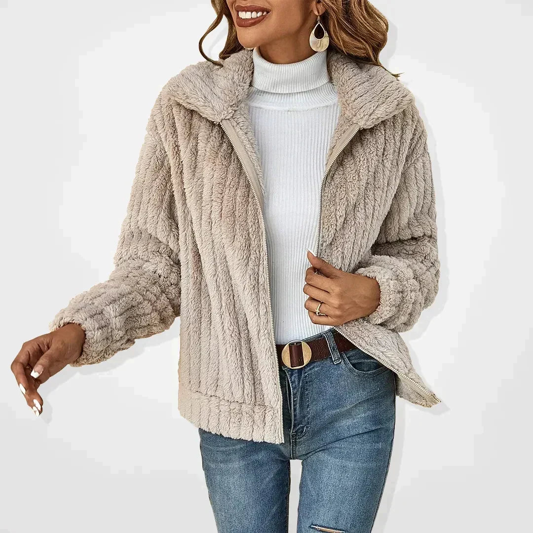 Women's Ribbed Teddy Fleece Jacket with Zip Front and Collar