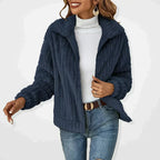 Women's Ribbed Teddy Fleece Jacket with Zip Front and Collar