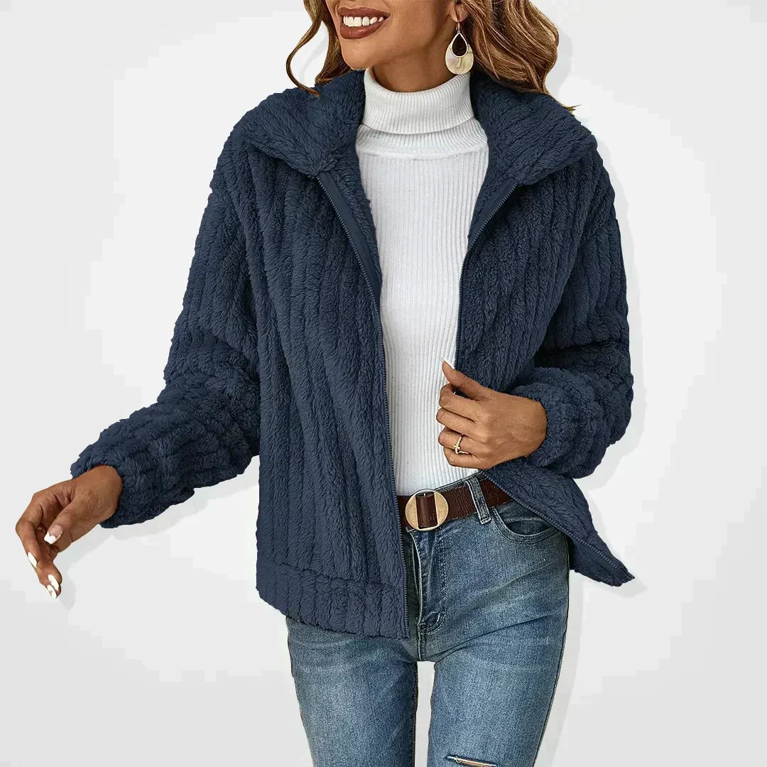 Women's Ribbed Teddy Fleece Jacket with Zip Front and Collar