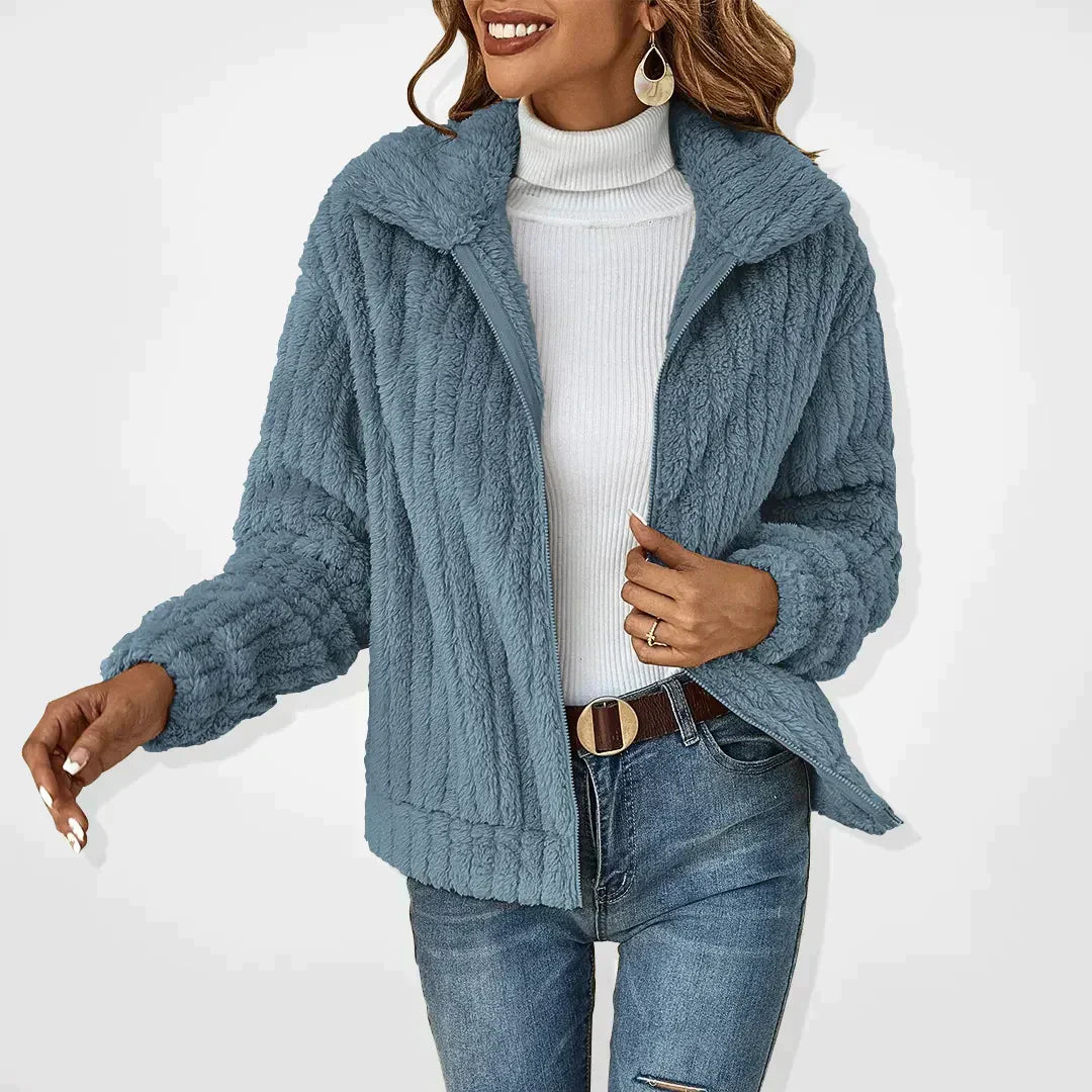 Women's Ribbed Teddy Fleece Jacket with Zip Front and Collar