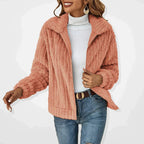 Women's Ribbed Teddy Fleece Jacket with Zip Front and Collar