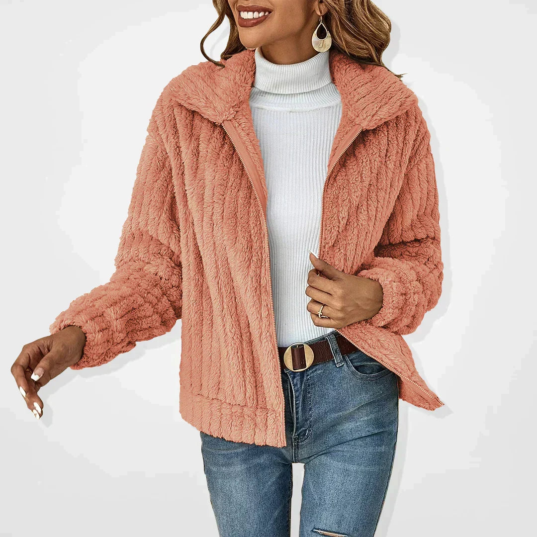 Women's Ribbed Teddy Fleece Jacket with Zip Front and Collar