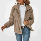 Women's Ribbed Teddy Fleece Jacket with Zip Front and Collar