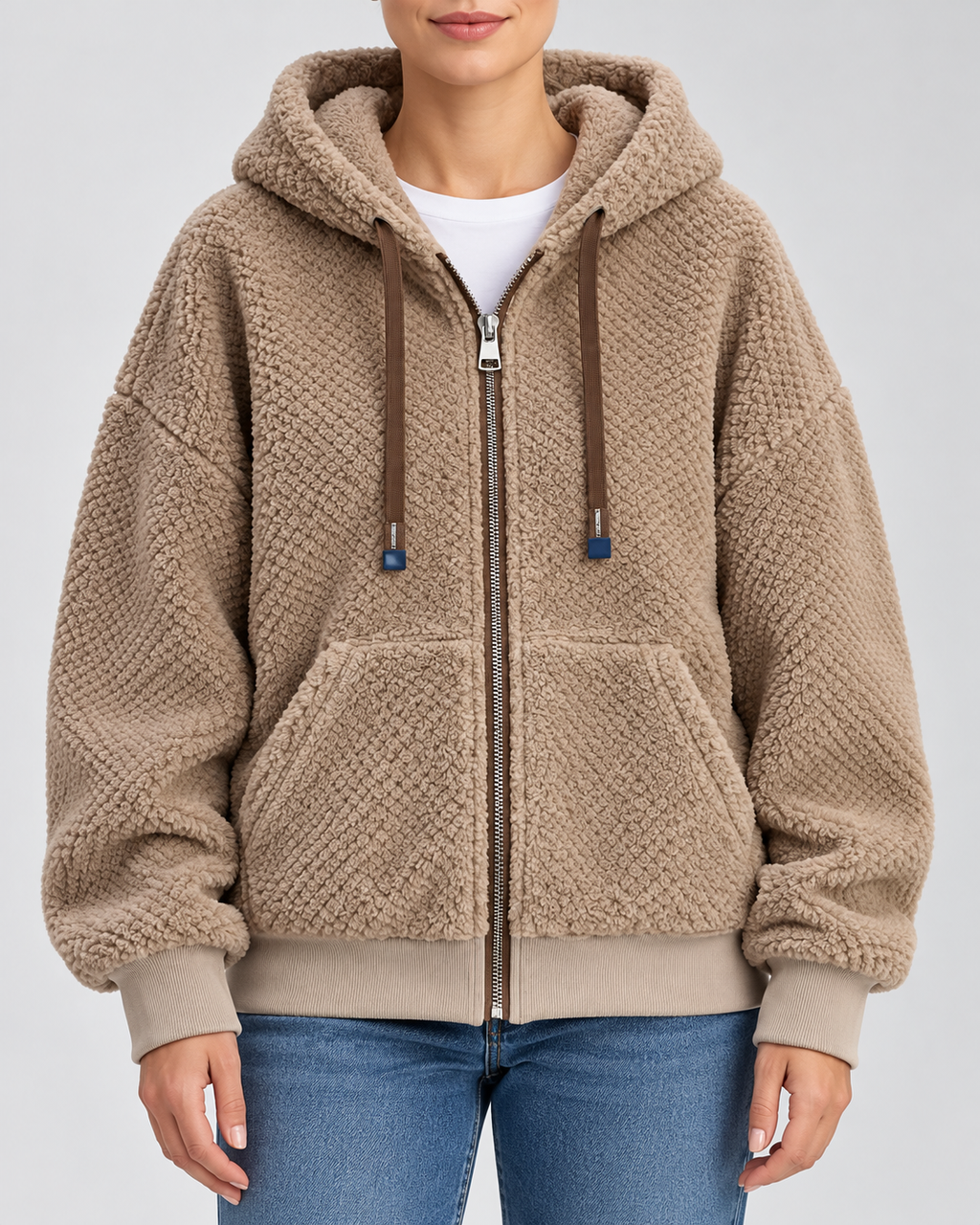Women's Teddy Fleece Zip Up Hoodie with Drawstrings and Front Pockets in Camel – Front View