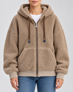 Women's Teddy Fleece Zip Up Hoodie with Drawstrings and Front Pockets in Camel – Front View
