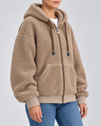 Women's Teddy Fleece Zip Up Hoodie with Drawstrings and Front Pockets in Camel – Three-Quarter View