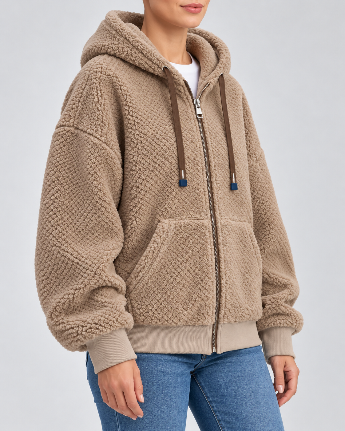 Women's Teddy Fleece Zip Up Hoodie with Drawstrings and Front Pockets in Camel – Three-Quarter View