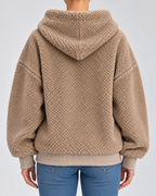 Women's Teddy Fleece Zip Up Hoodie with Drawstrings and Front Pockets in Camel – Back View