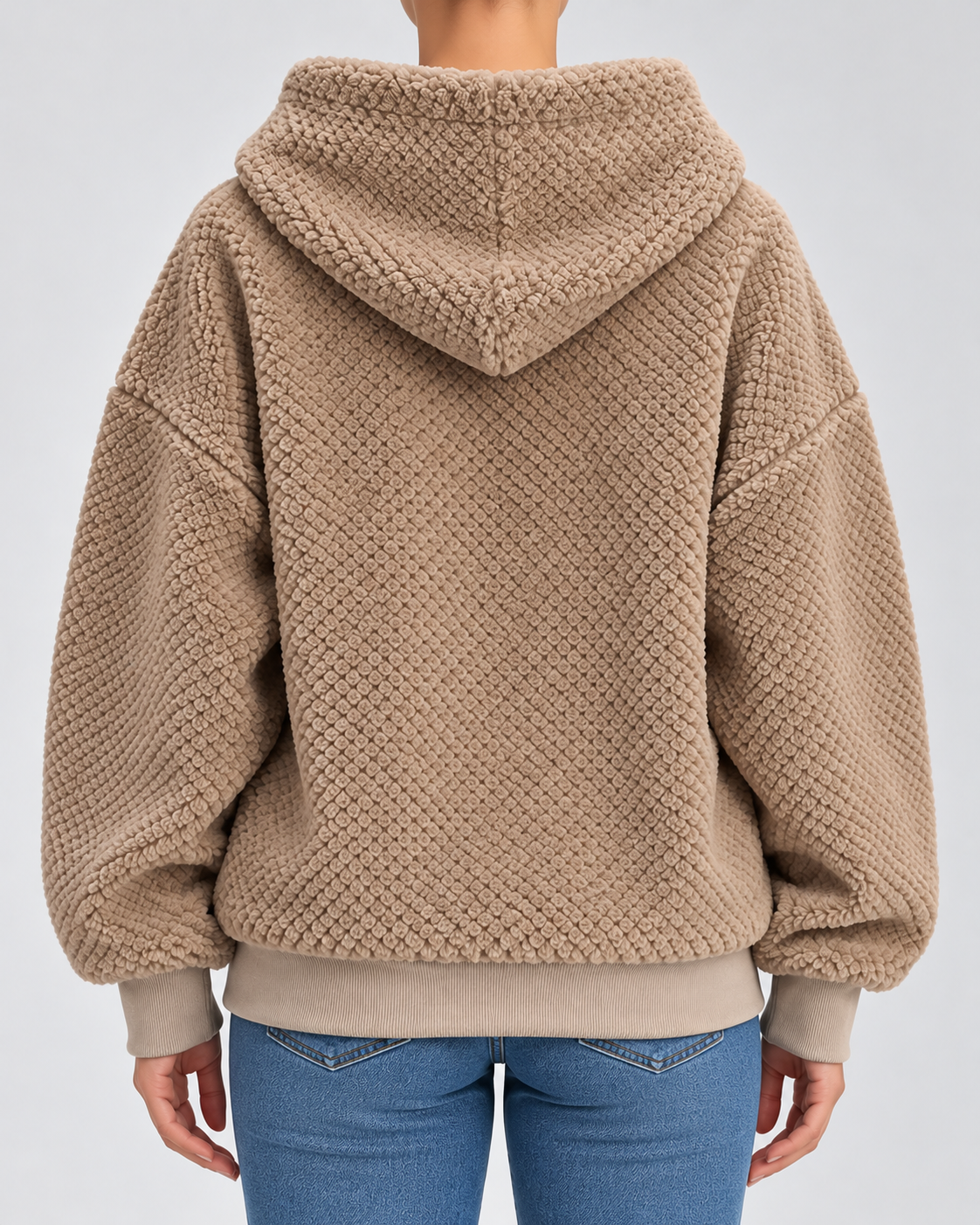 Women's Teddy Fleece Zip Up Hoodie with Drawstrings and Front Pockets in Camel – Back View