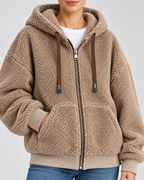 Women's Teddy Fleece Zip Up Hoodie with Drawstrings and Front Pockets in Camel – Detail