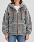 Women's Teddy Fleece Zip Up Hoodie with Drawstrings and Front Pockets in Grey – Front View