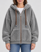 Women's Teddy Fleece Zip Up Hoodie with Drawstrings and Front Pockets in Grey – Front View
