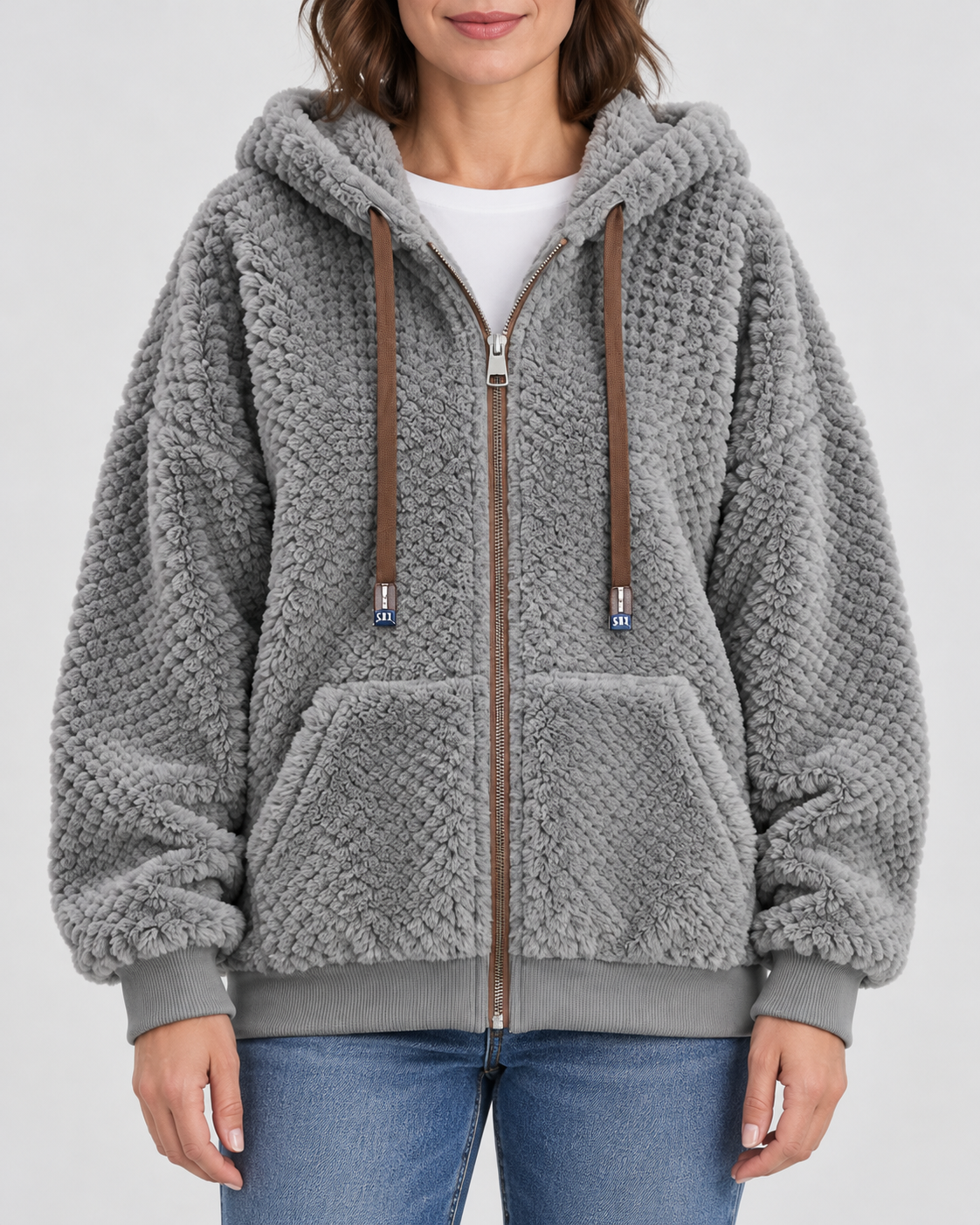 Women's Teddy Fleece Zip Up Hoodie with Drawstrings and Front Pockets in Grey – Front View