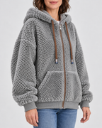 Women's Teddy Fleece Zip Up Hoodie with Drawstrings and Front Pockets in Grey – Three-Quarter View