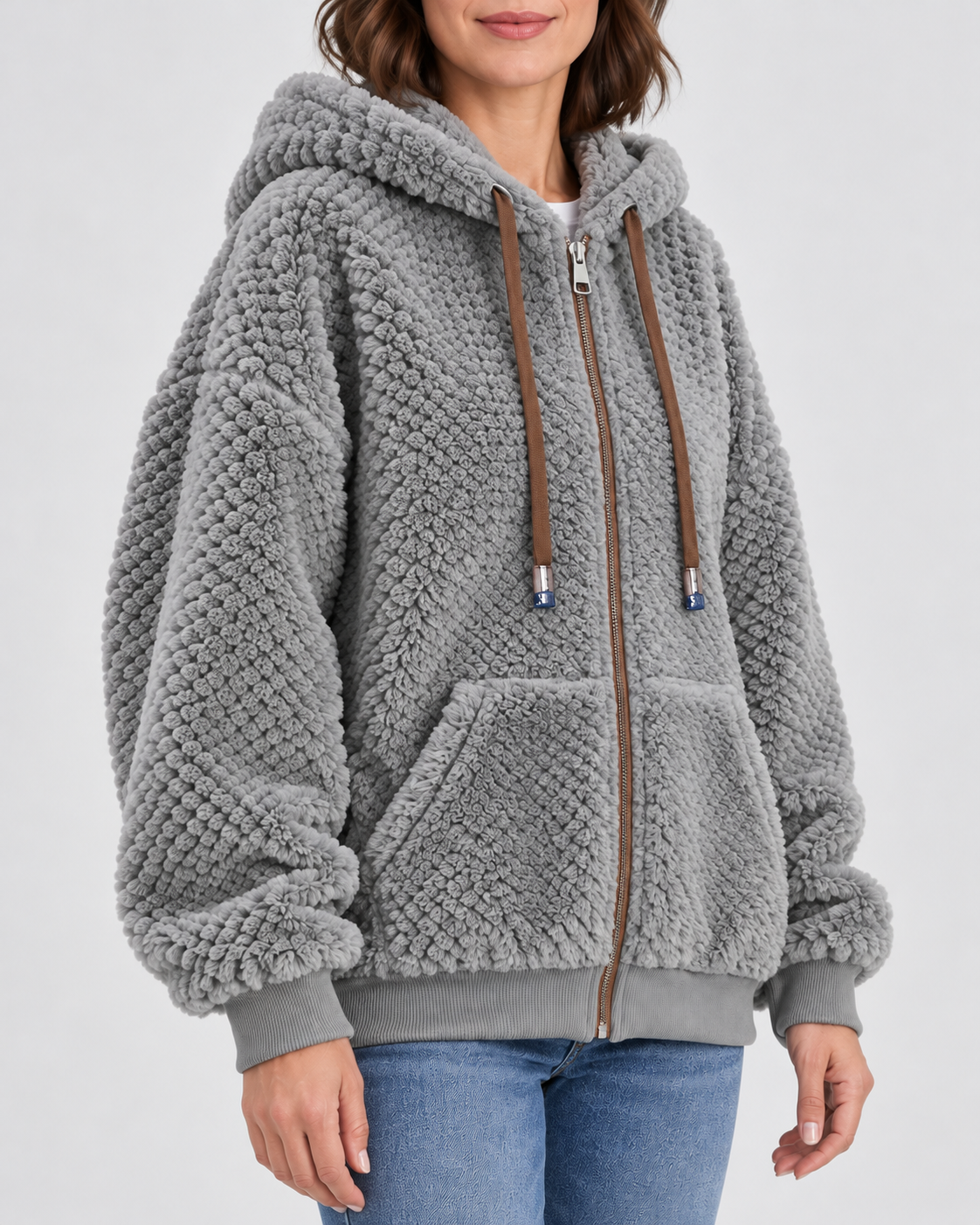 Women's Teddy Fleece Zip Up Hoodie with Drawstrings and Front Pockets in Grey – Three-Quarter View