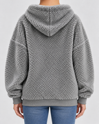 Women's Teddy Fleece Zip Up Hoodie with Drawstrings and Front Pockets in Grey – Back View