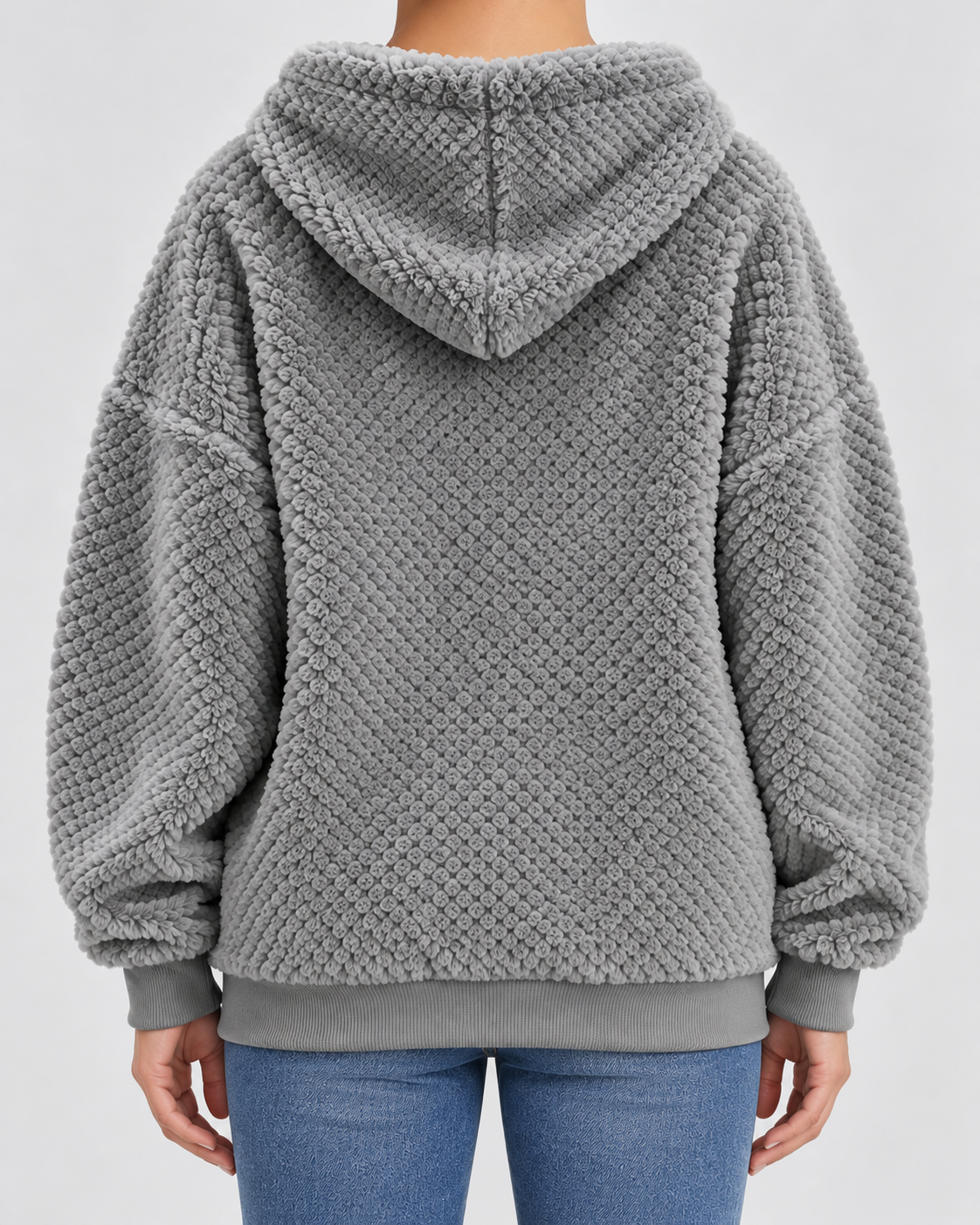 Women's Teddy Fleece Zip Up Hoodie with Drawstrings and Front Pockets in Grey – Back View