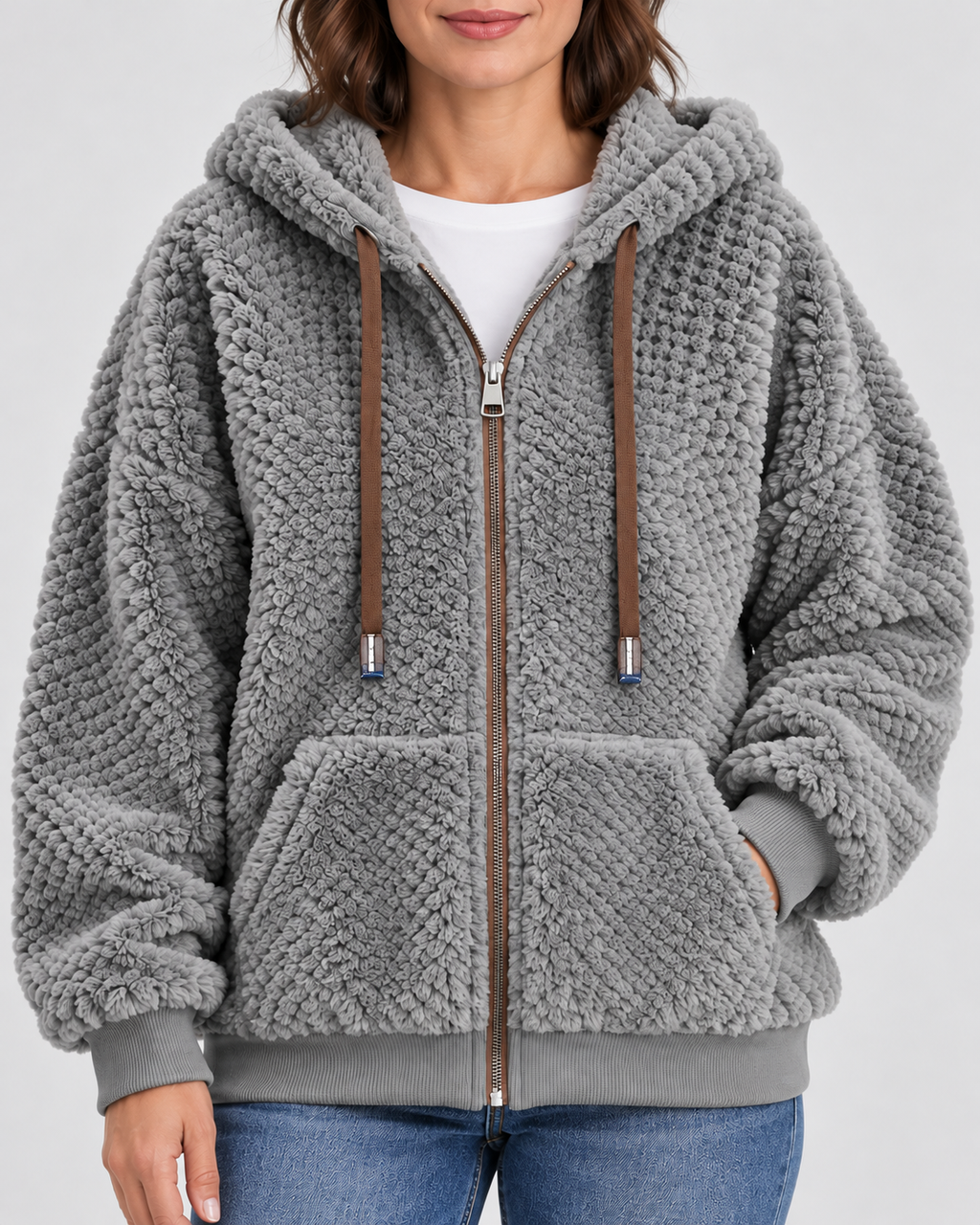 Women's Teddy Fleece Zip Up Hoodie with Drawstrings and Front Pockets in Grey – Detail