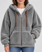 Women's Teddy Fleece Zip Up Hoodie with Drawstrings and Front Pockets in Grey – Detail