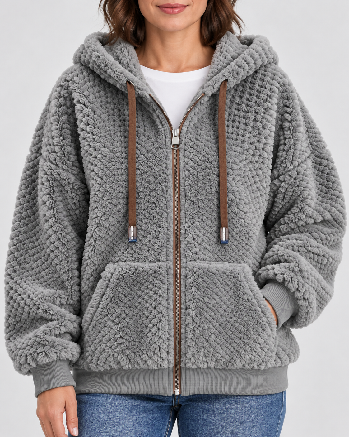 Women's Teddy Fleece Zip Up Hoodie with Drawstrings and Front Pockets in Grey – Detail