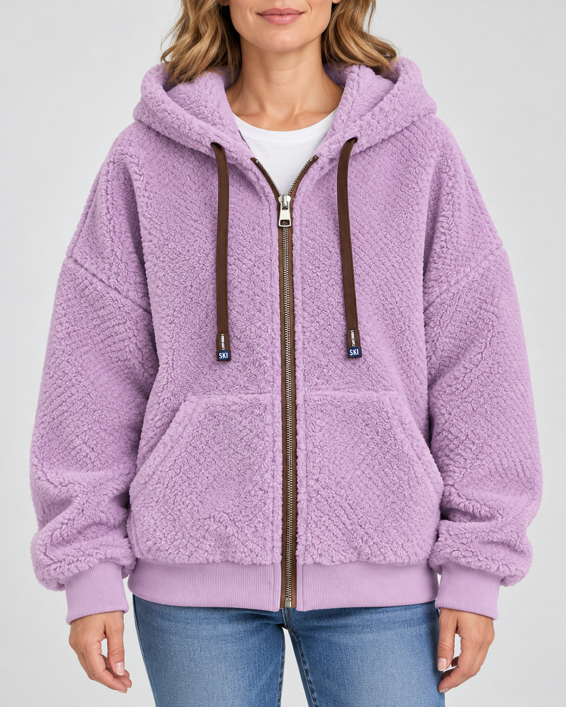 Women's Teddy Fleece Zip Up Hoodie with Drawstrings and Front Pockets in Light Purple – Front View