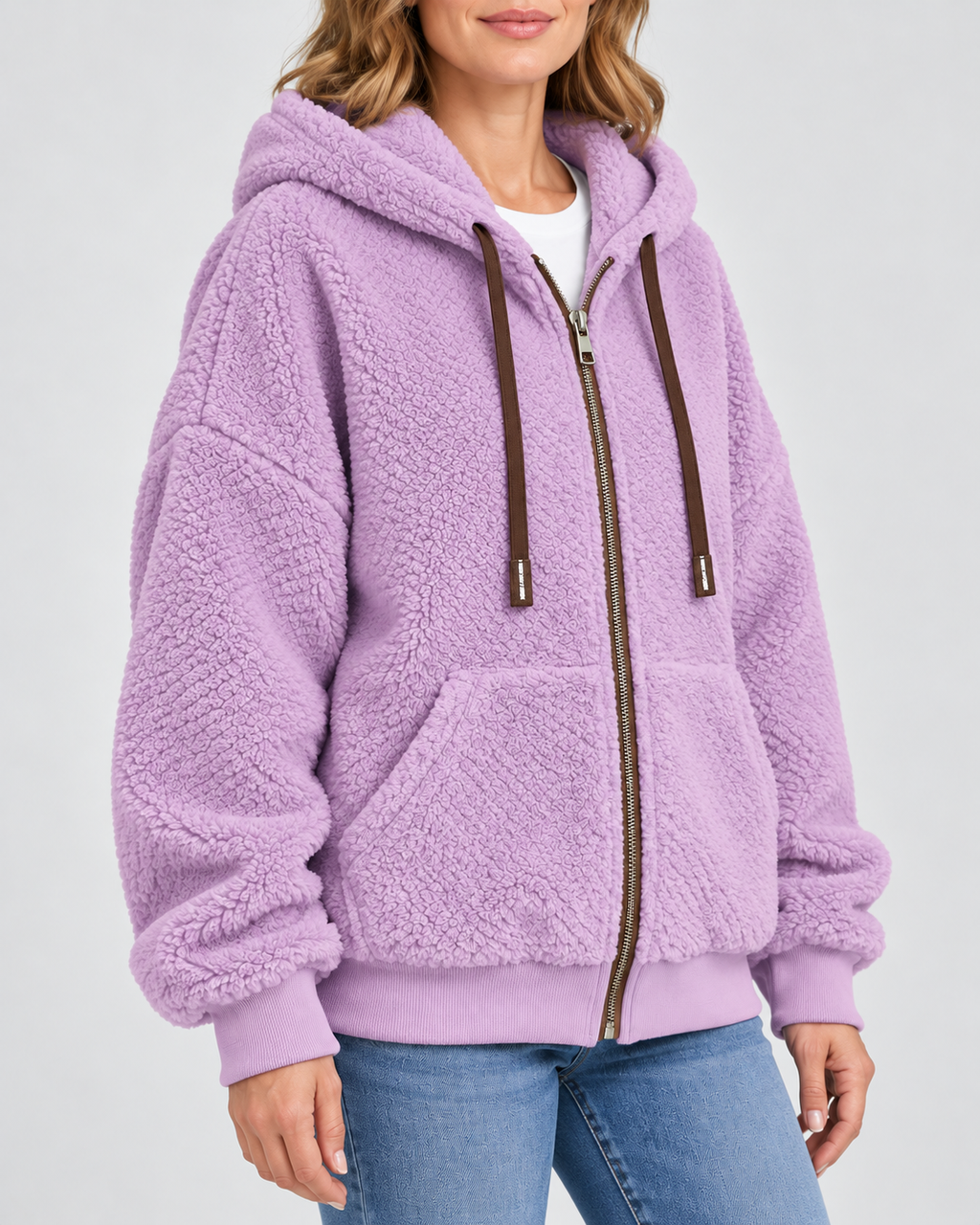 Women's Teddy Fleece Zip Up Hoodie with Drawstrings and Front Pockets in Light Purple – Three-Quarter View