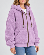 Women's Teddy Fleece Zip Up Hoodie with Drawstrings and Front Pockets in Light Purple – Three-Quarter View