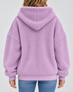 Women's Teddy Fleece Zip Up Hoodie with Drawstrings and Front Pockets in Light Purple – Back View