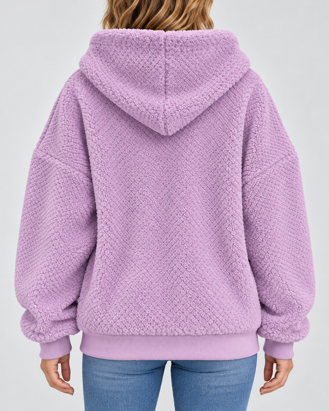 Women's Teddy Fleece Zip Up Hoodie with Drawstrings and Front Pockets in Light Purple – Back View