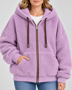 Women's Teddy Fleece Zip Up Hoodie with Drawstrings and Front Pockets in Light Purple – Detail