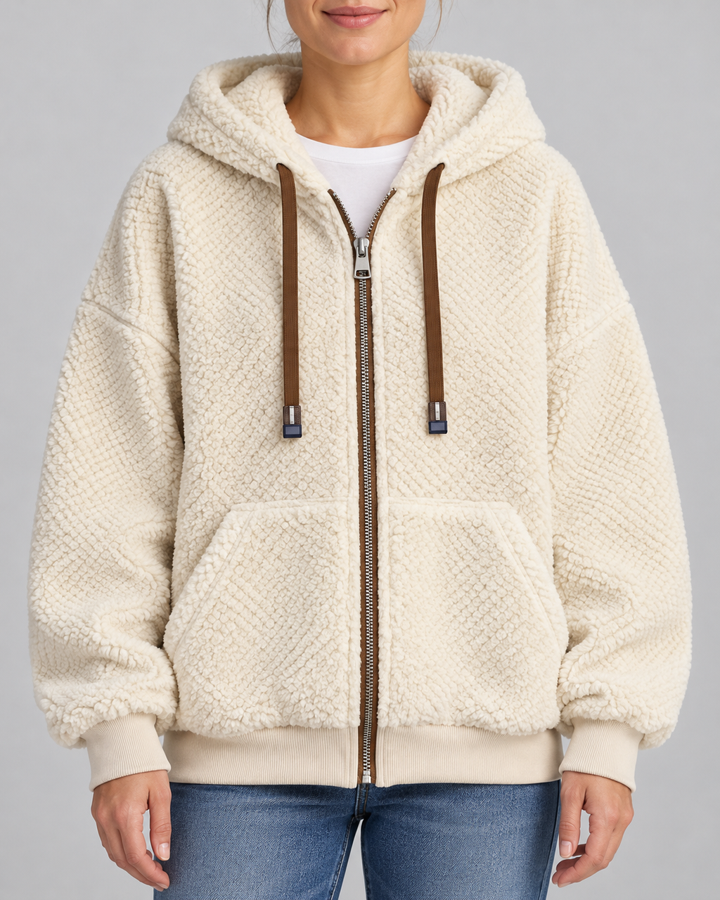 Women's Teddy Fleece Zip Up Hoodie with Drawstrings and Front Pockets in Off White – Front View