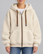 Women's Teddy Fleece Zip Up Hoodie with Drawstrings and Front Pockets in Off White – Front View