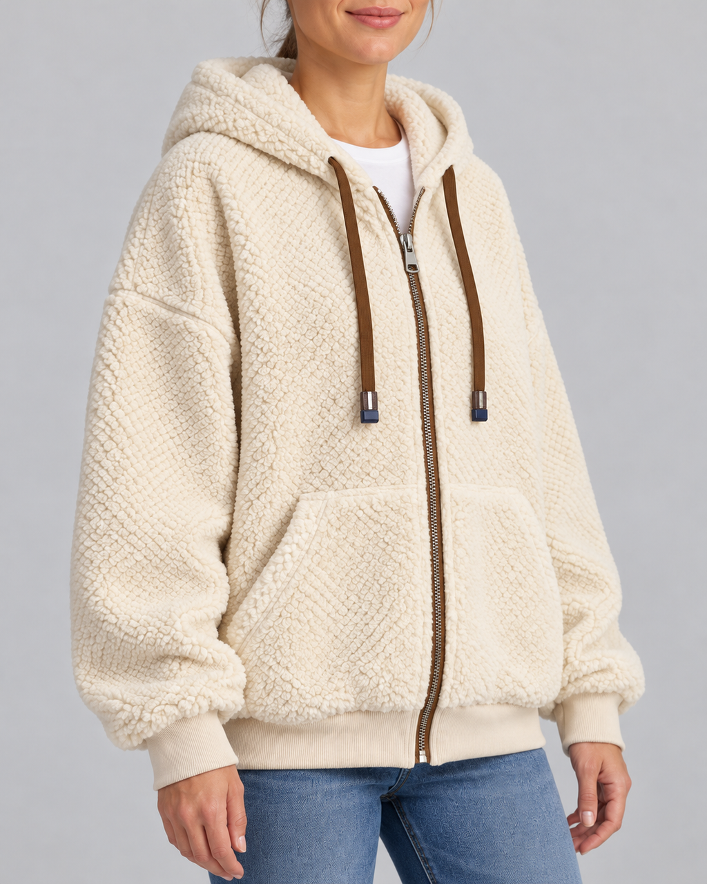 Women's Teddy Fleece Zip Up Hoodie with Drawstrings and Front Pockets in Off White – Three-Quarter View