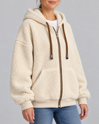 Women's Teddy Fleece Zip Up Hoodie with Drawstrings and Front Pockets in Off White – Three-Quarter View