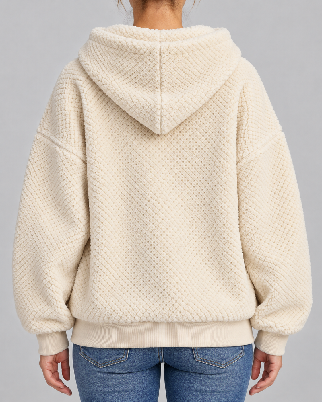 Women's Teddy Fleece Zip Up Hoodie with Drawstrings and Front Pockets in Off White – Back View