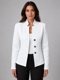 Women's Textured Blazer Jacket with Stand Collar and Button Front
